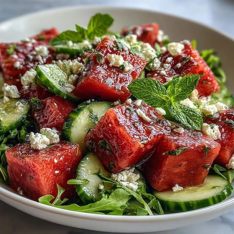 Vibrant watermelon and arugula salad with creamy feta, juicy fruit, and peppery greens, drizzled with zesty lime vinaigrette.  