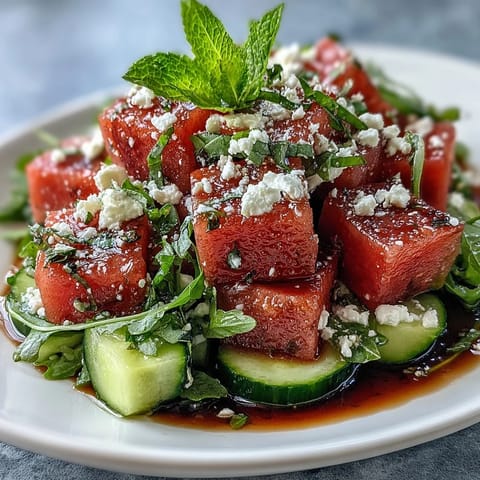 Fresh summer salad featuring ripe watermelon cubes, baby arugula, and tangy feta, tossed in a bright honey-lime dressing.  