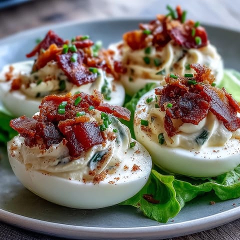 Creamy BLT Deviled Eggs with Crispy Bacon and Fresh Lettuce, perfect for a party platter.