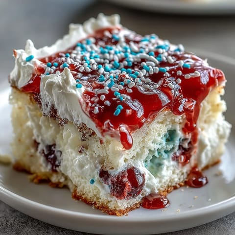 Festive Memorial Day Red White Blue Poke Cake with whipped topping swirls.
