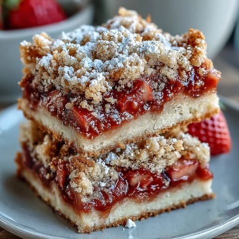 Golden strawberry rhubarb crumble bars dusted with cinnamon sugar topping.
