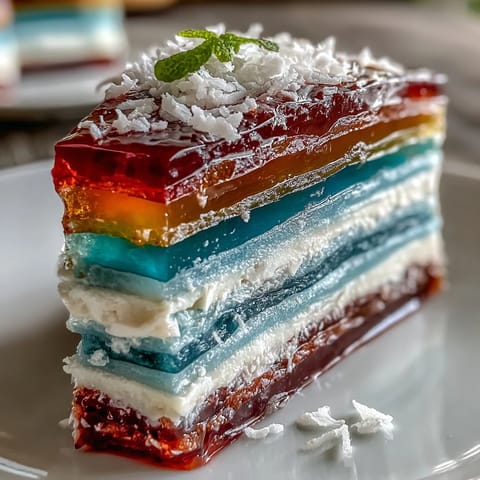 Vibrant Rainbow Jelly Cake with coconut cream, a stunning dairy-free dessert.