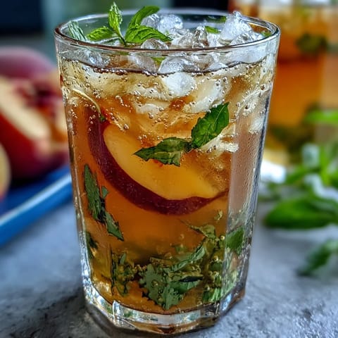 Refreshing Iced Peach Green Tea Lemonade with fresh peach slices and ice.