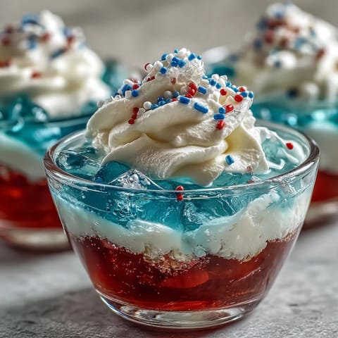 Festive 4th of July Firecracker Jello Shots, layered red, white, and blue.