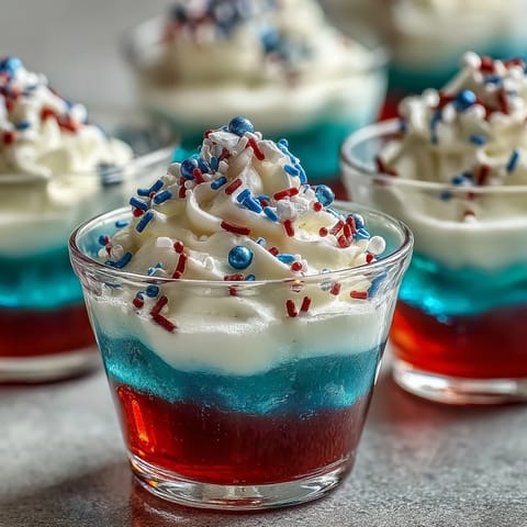 Alcohol-free Firecracker Jello Shots, perfect for a patriotic dessert topping.