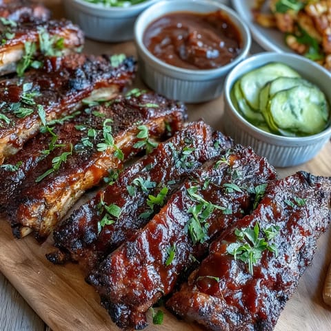 Smoky, fall-off-the-bone ribs served with classic, spicy, and maple mustard sauces for grilling.
