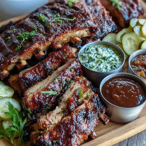 Tender Father's Day BBQ Rib Board piled high with three delicious, homemade sauce options.