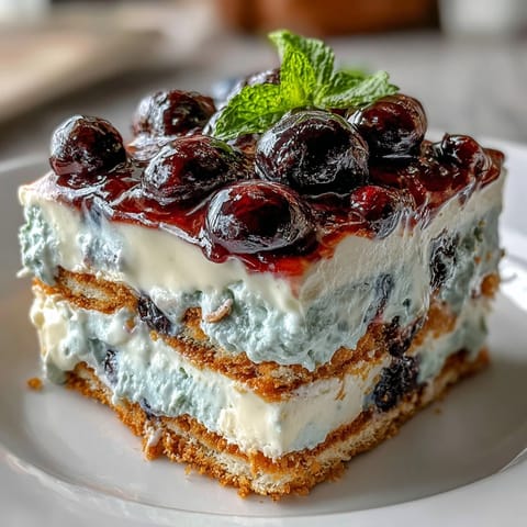 Lemon Blueberry Icebox Cake: chilled tangy lemon cream, sweet blueberries, soft graham crackers.