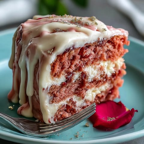 A moist, pink rosé velvet cake frosted and dripping with edible gold.