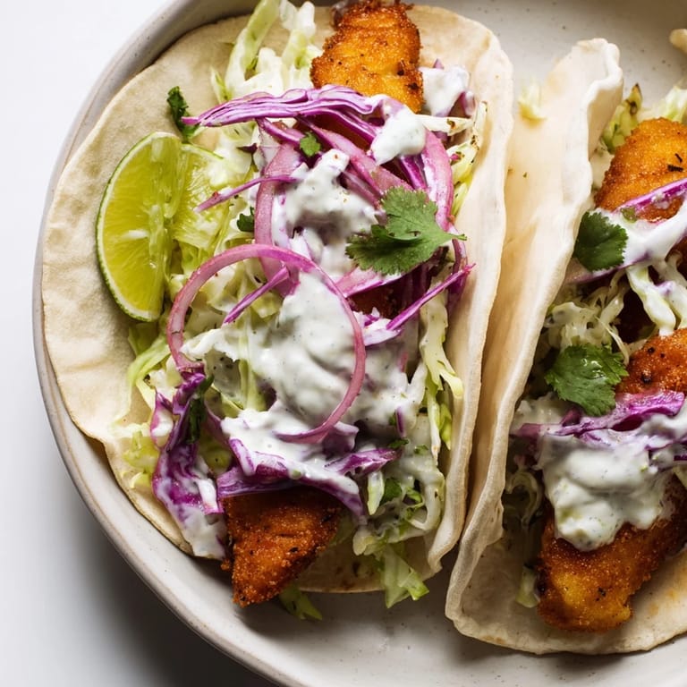 Delicious fish tacos on a wooden table, featuring tortillas, fish, slaw, and garnish of lime wedges.