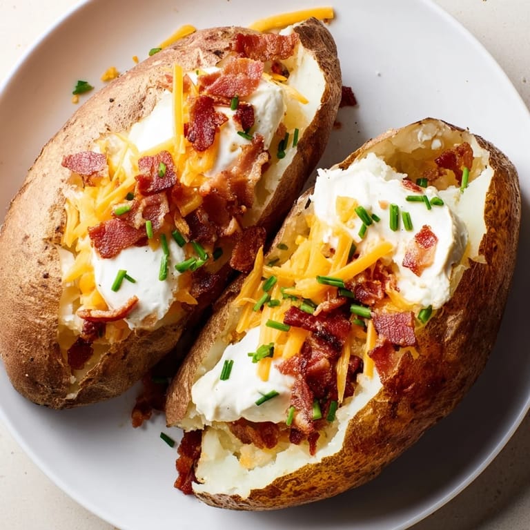 Close-up of a generously topped Loaded Baked Potato, a classic American comfort food favorite.