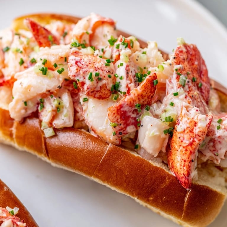 Delectable New England Lobster Roll: succulent lobster meat nestled in a golden toasted brioche bun, ready to eat.