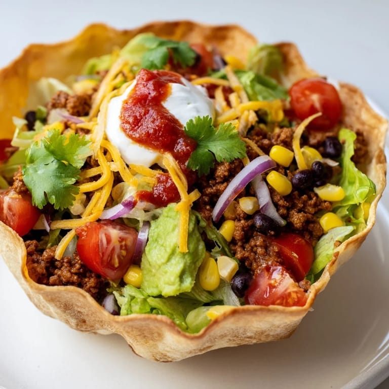 Get a taste of this amazing taco salad, complete with vibrant salsa and a creamy sour cream drizzle.