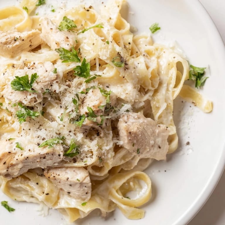 Tender chicken and rich fettuccine Alfredo, a comfort food classic, drizzled with fresh parsley and cheese.