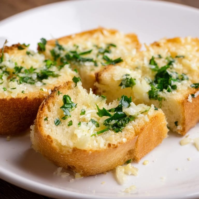 Freshly baked garlic bread, brushed with herb butter and ready to enjoy with a salad.