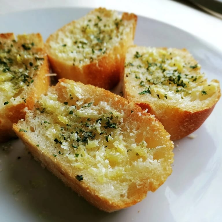Melted garlic butter coats slices of toasted garlic bread, a delicious side dish idea.