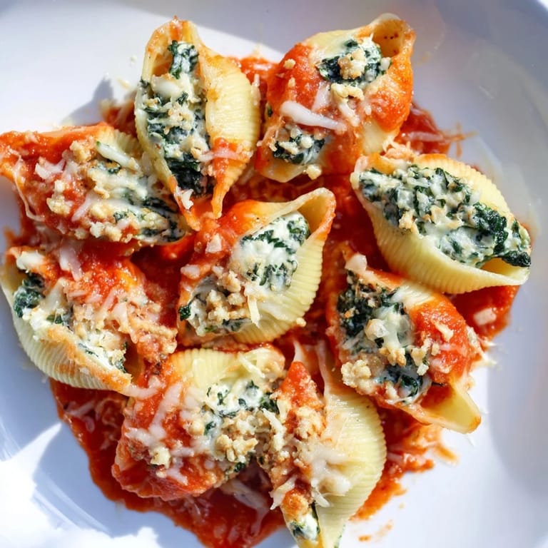 A close-up of cheesy stuffed shells bubbling from the oven, a satisfying Italian comfort meal.
