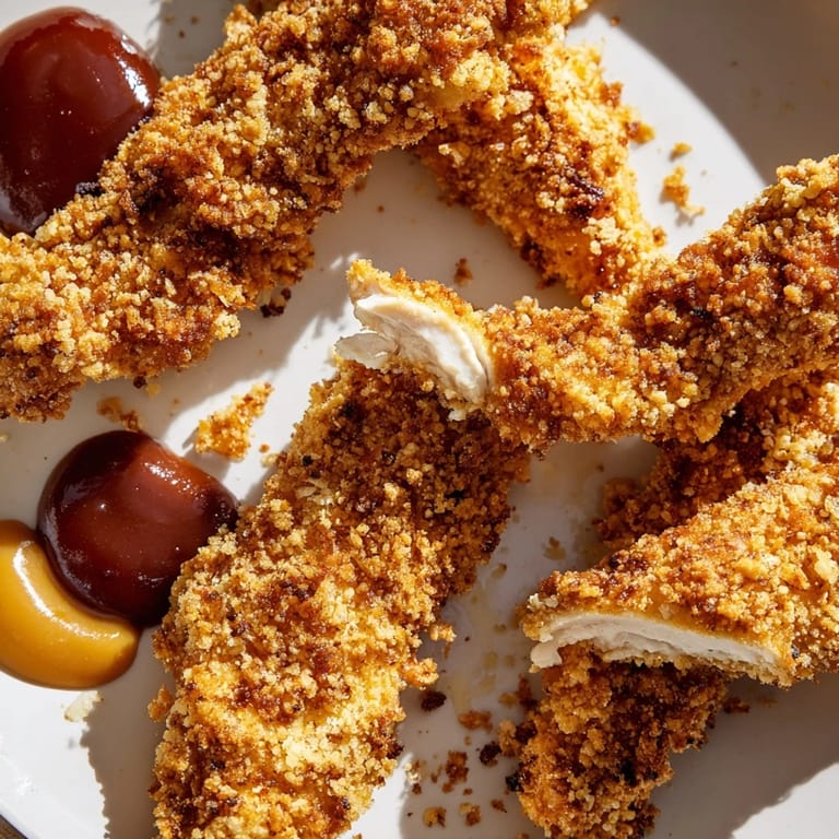 Close-up of golden-brown Chicken Tenders, highlighting the crunchy exterior and juicy interior deliciousness.