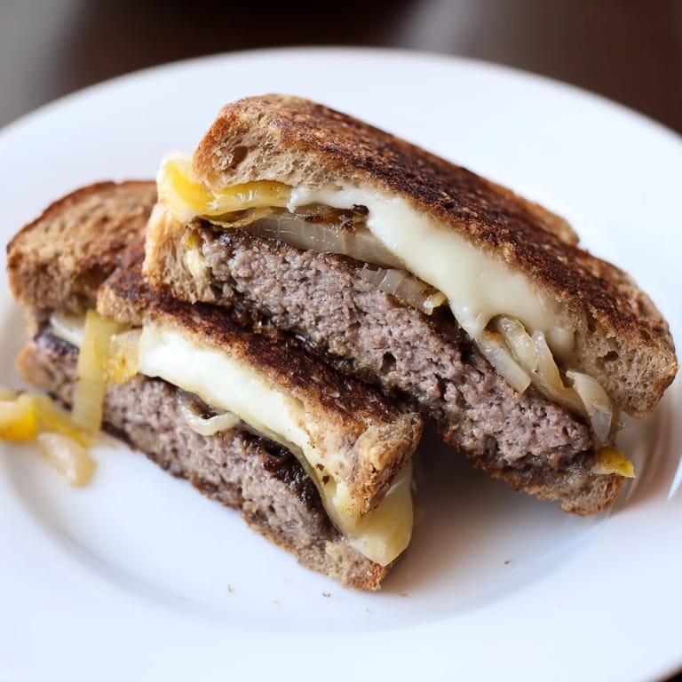 A close-up view of a perfectly grilled Patty Melt, showing juicy beef and melty Swiss cheese.