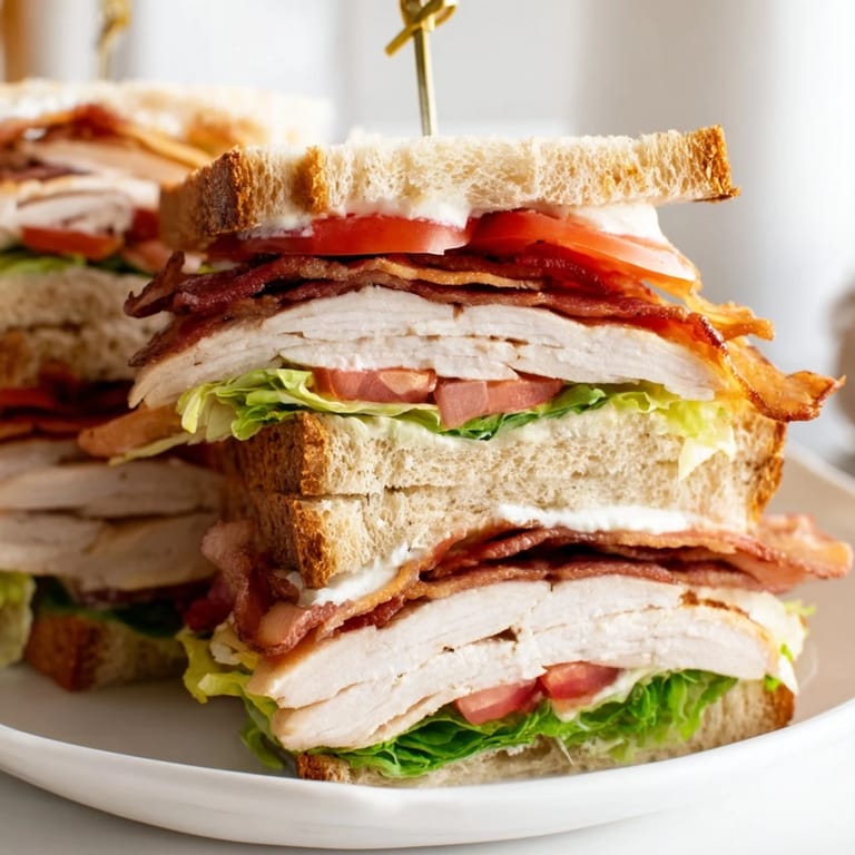 Sliced turkey, crispy bacon, and lettuce compose a tempting Turkey Club Sandwich, perfect for lunch.