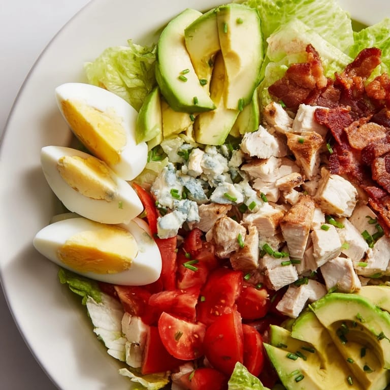 Close-up of a layered Cobb salad with flaky grilled chicken, fresh blue cheese, and vibrant dressing.