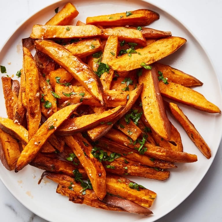 Oven-baked sweet potato fries, a delicious side dish, sprinkled with fresh parsley and served hot.