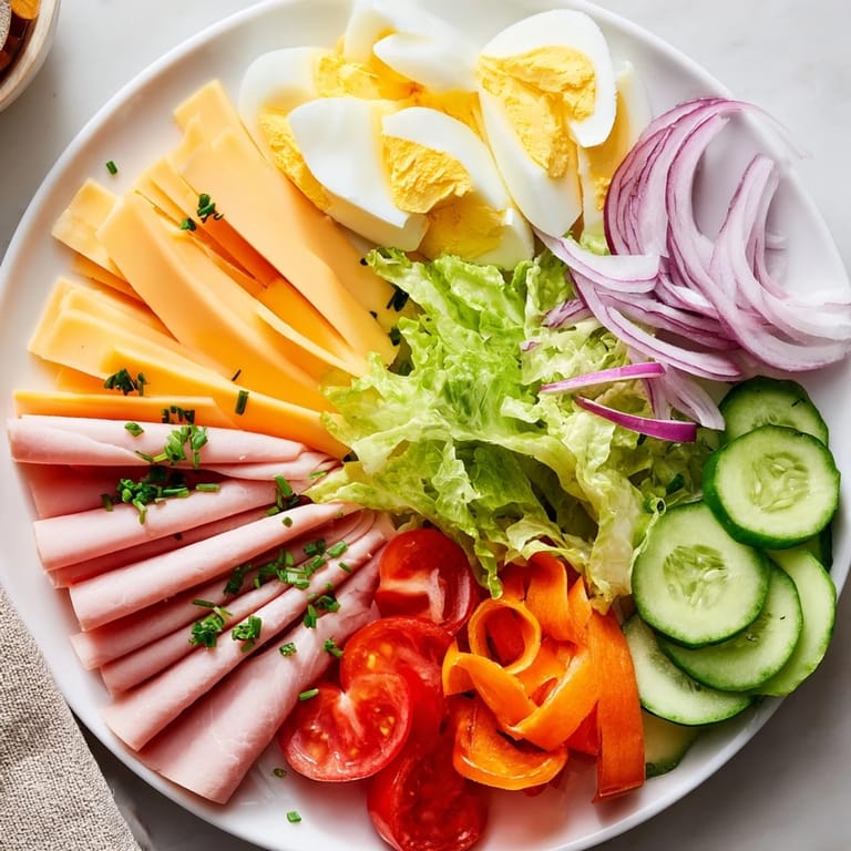 This hearty Chef Salad shows a visually appealing arrangement, ready to be tossed with delicious dressing.