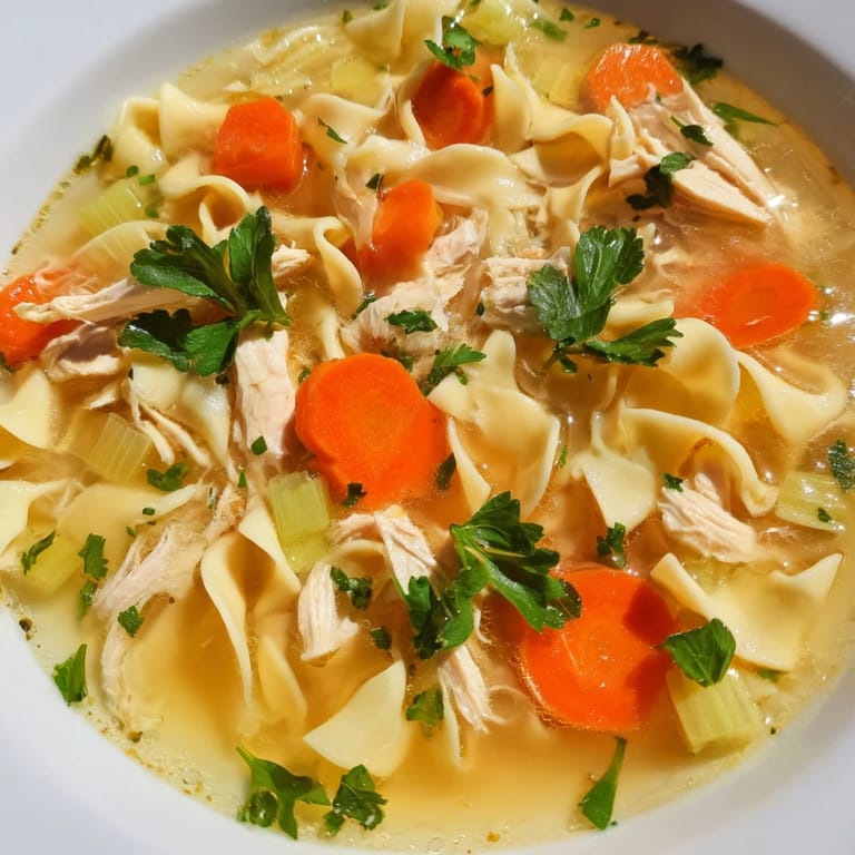 Warm Chicken Noodle Soup with golden egg noodles, perfect for a cozy, comforting homemade meal.