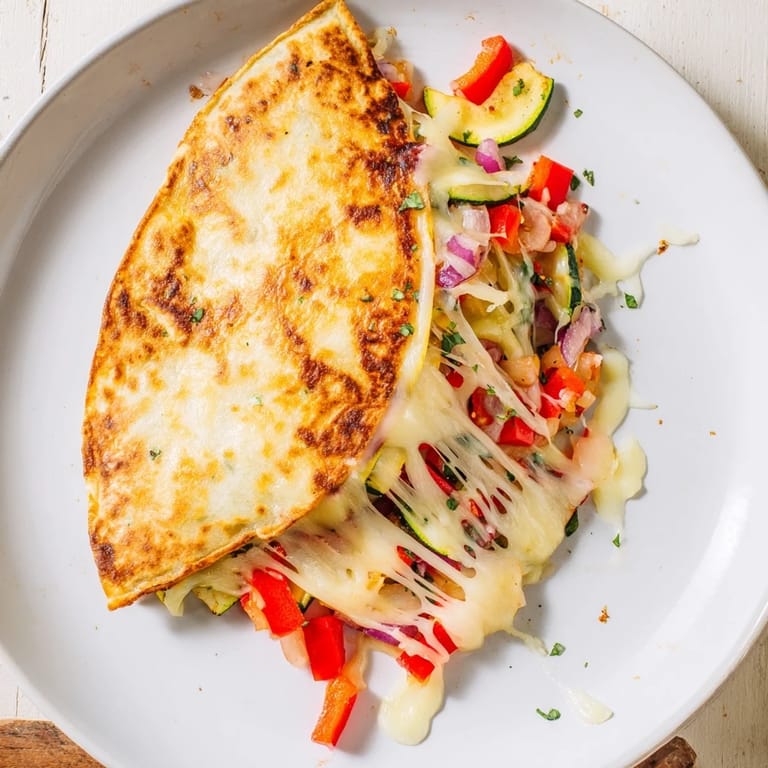 A close-up of a delicious quesadilla, featuring a crispy tortilla and gooey melted cheese.