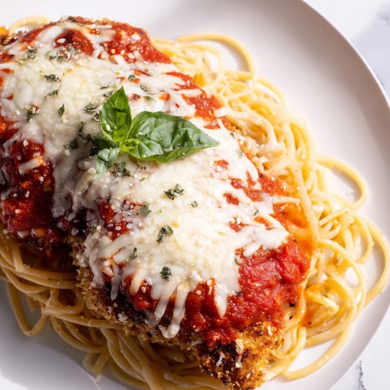 Close-up of baked Chicken Parmesan, showcasing melted mozzarella and a rich tomato sauce, ready to eat.