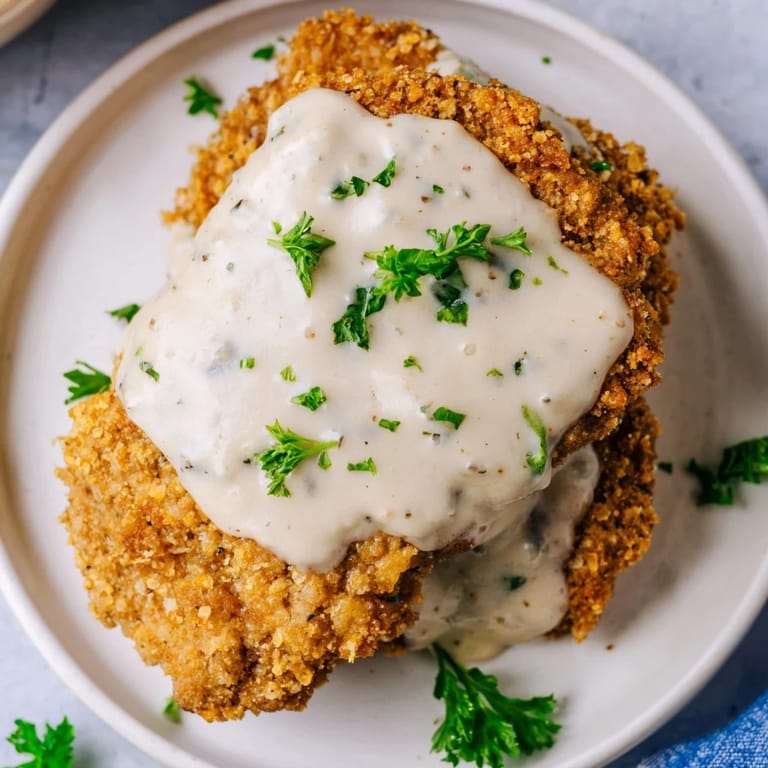 A close-up view of perfectly fried Chicken Fried Steak, showing the delicious, breaded crust.