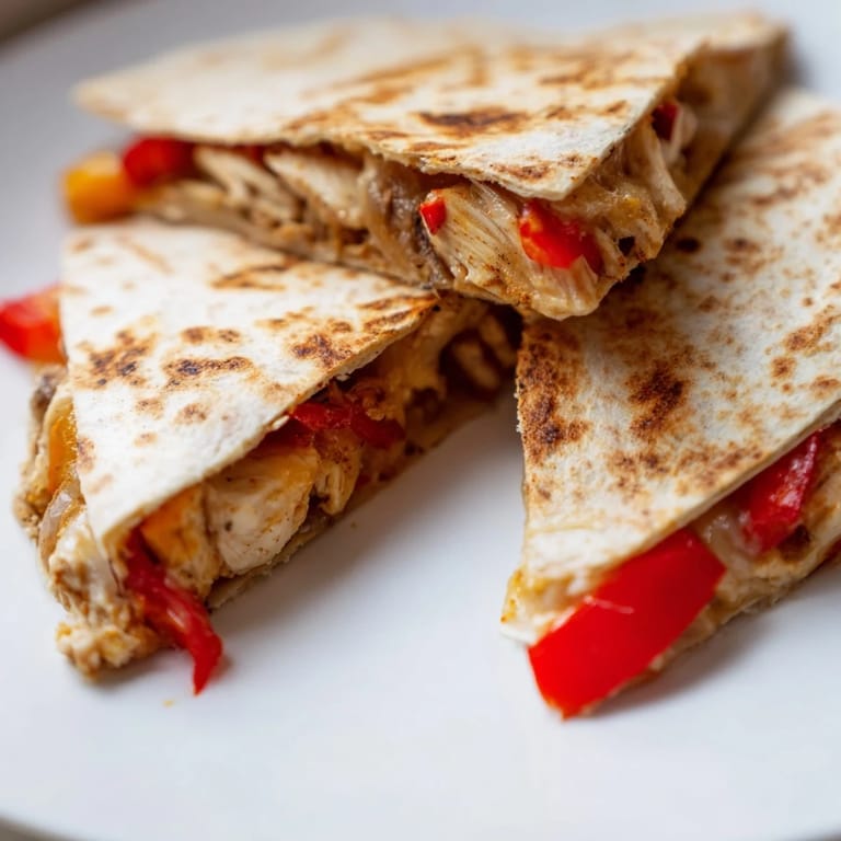 Crispy, cheesy Chicken Quesadilla with colorful peppers and onions ready to be served.