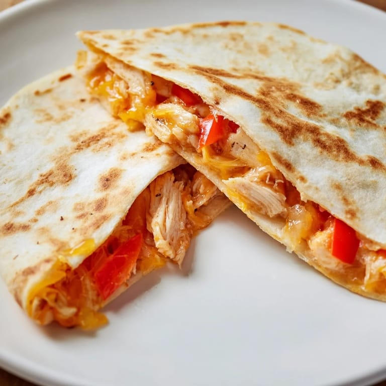 Freshly made, warm Chicken Quesadilla perfectly sliced, showing the savory filling inside.