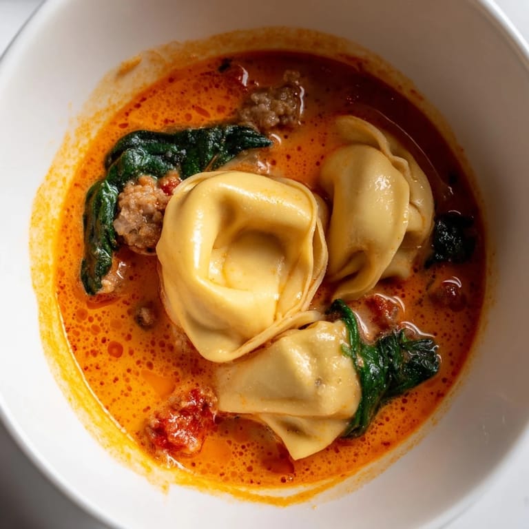 Hearty Tuscan Tortellini Soup bubbling in a pot with red tomatoes, sausage crumbles, and melted Parmesan garnish.