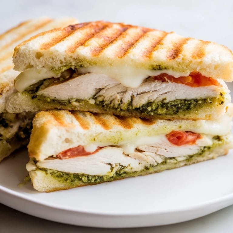 Freshly grilled Chicken Pesto Panini with golden ciabatta, gooey mozzarella, and vibrant tomato slices on a rustic plate.