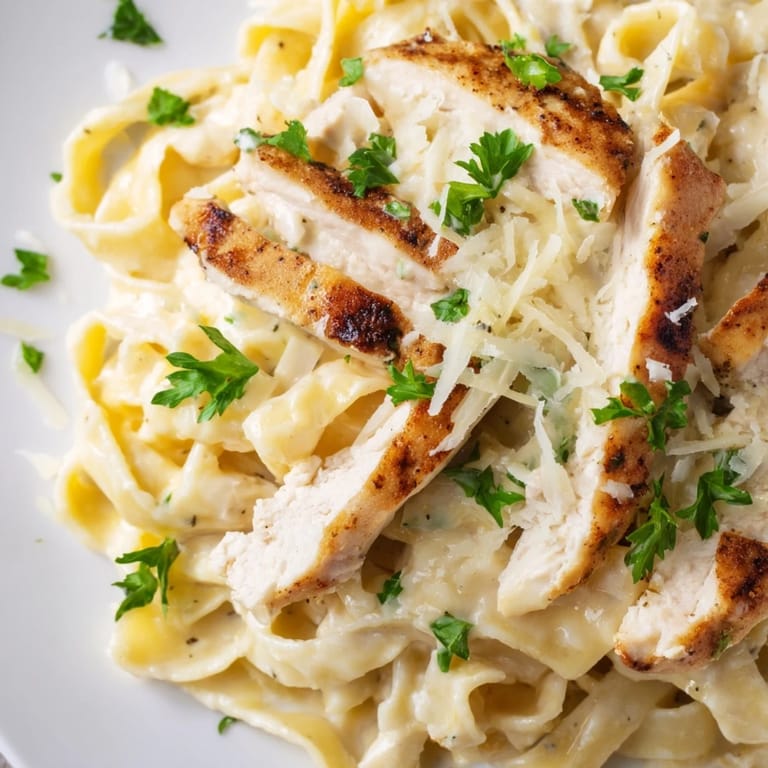 Close-up of Cajun Chicken Alfredo highlighting spicy seasoning on tender chicken and smooth Alfredo sauce. Fettuccine pasta is twirled on a fork in this savory dish.