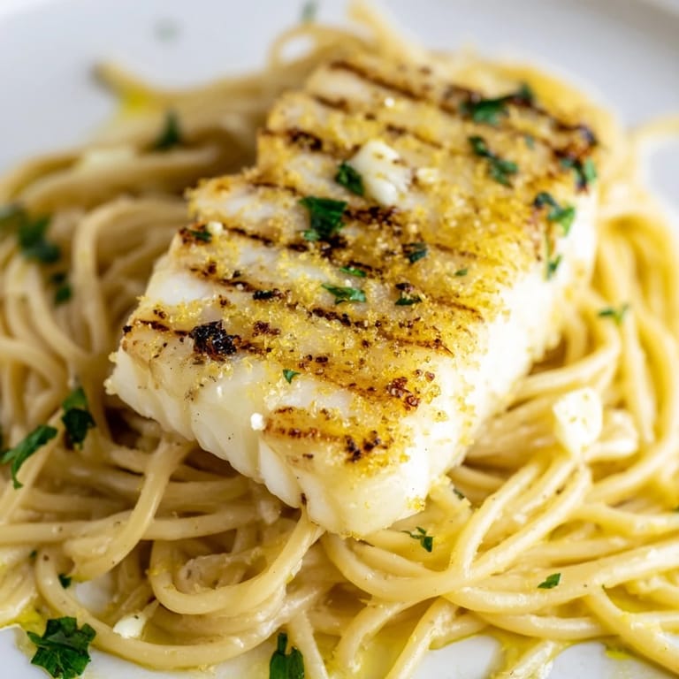 Tender grilled fish fillet over al dente spaghetti with a glossy lemon-butter sauce and fresh herbs, ready to serve.