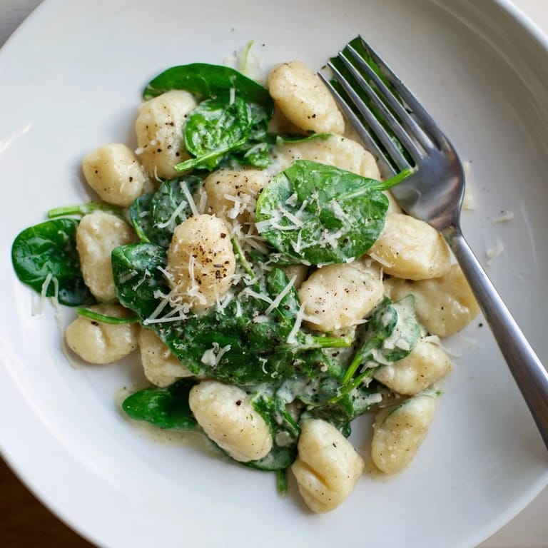 Close-up of Creamy Garlic Gnocchi, highlighting the glossy sauce clinging to soft gnocchi and vibrant green spinach leaves for a restaurant-quality meal.