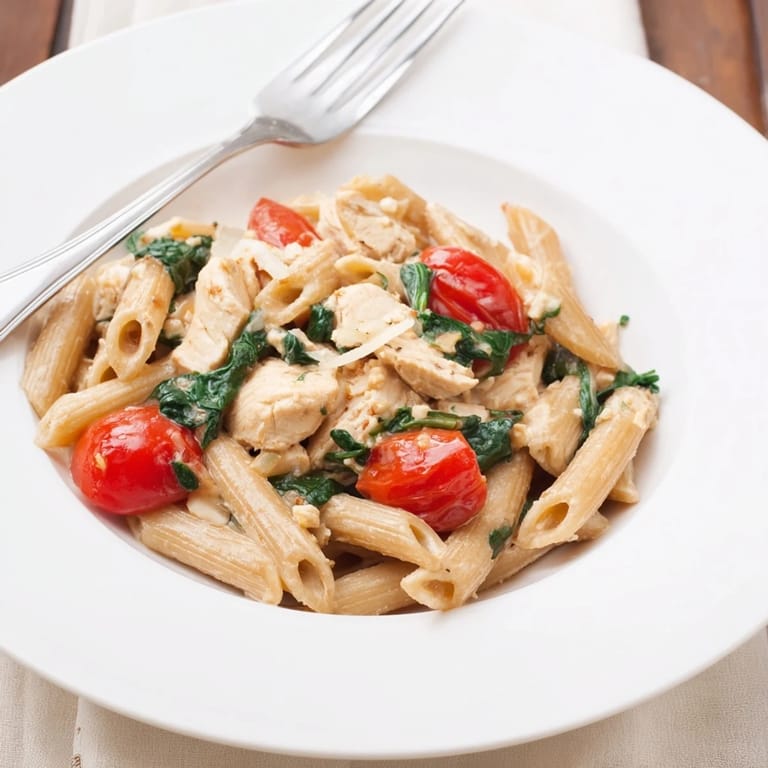 A rustic kitchen table display of Greek Yogurt Chicken Pasta, with a forkful of creamy pasta held above the dish, highlighting tender chicken and vibrant cherry tomatoes.