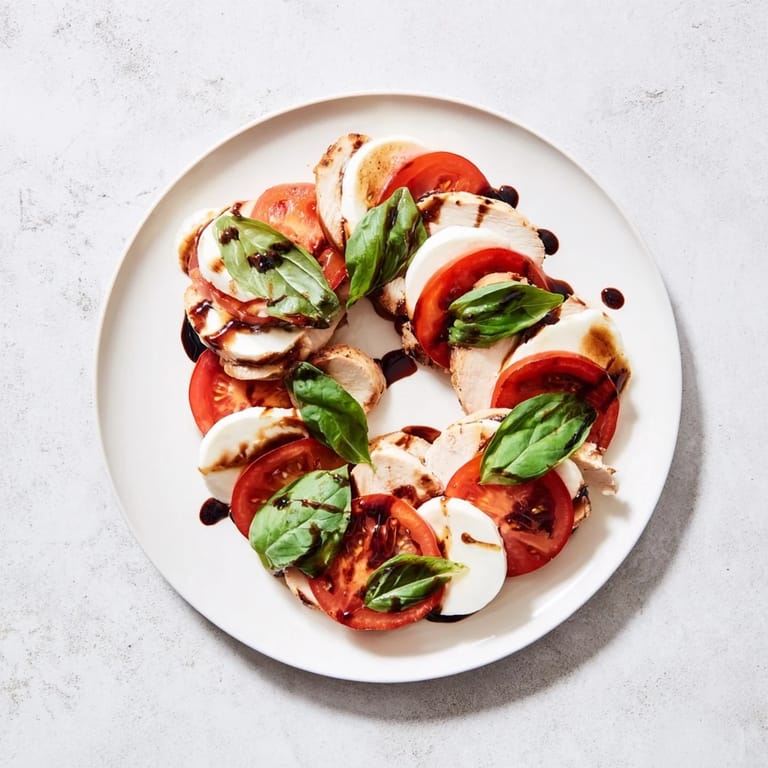 Sliced grilled chicken tops fresh mozzarella and tomato, a Chicken Caprese Salad dressed with olive oil and basil.