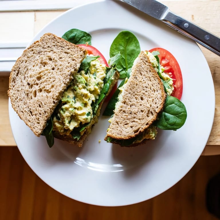 Open-faced avocado egg salad sandwich on rustic bread, garnished with chives and a lemon wedge beside a knife.