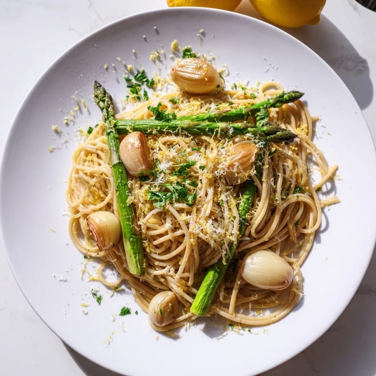 Roasted Garlic & Asparagus Pasta in a white bowl with olive oil sheen, lemon zest, and shaved Parmesan, perfect for a quick vegetarian weeknight meal.