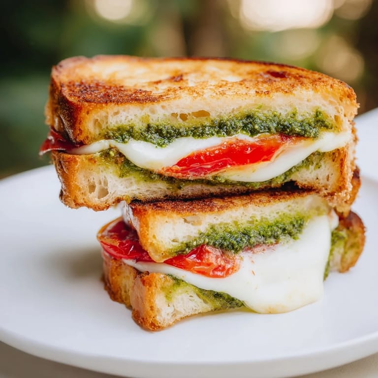 This easy Caprese Pesto Grilled Cheese features toasted bread, fragrant pesto, ripe tomatoes, and fresh mozzarella, perfect for a quick lunch.