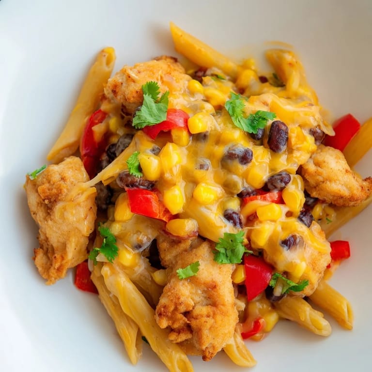 Serve this Crispy Chicken Burrito Pasta with lime wedges and a dollop of sour cream for a zesty weeknight dinner.