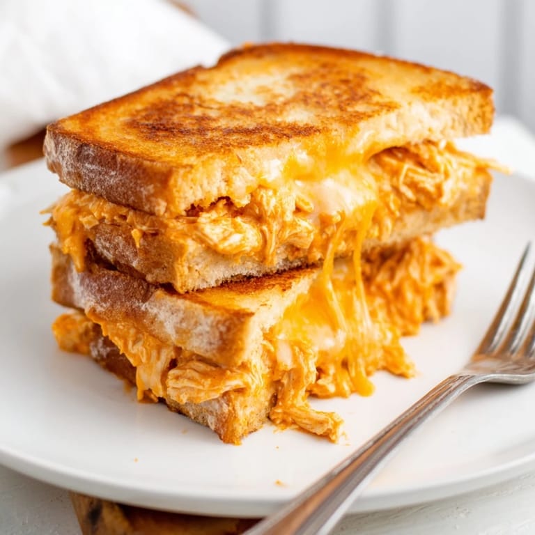 In a skillet, the Buffalo Chicken Ranch Grilled Cheese sizzles, its crispy sourdough crust glistening with melted cheese.