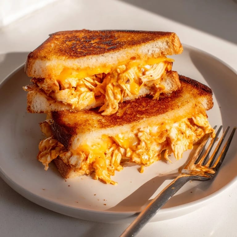 Sliced in half, the Buffalo Chicken Ranch Grilled Cheese displays layers of spicy buffalo chicken and creamy ranch dressing.