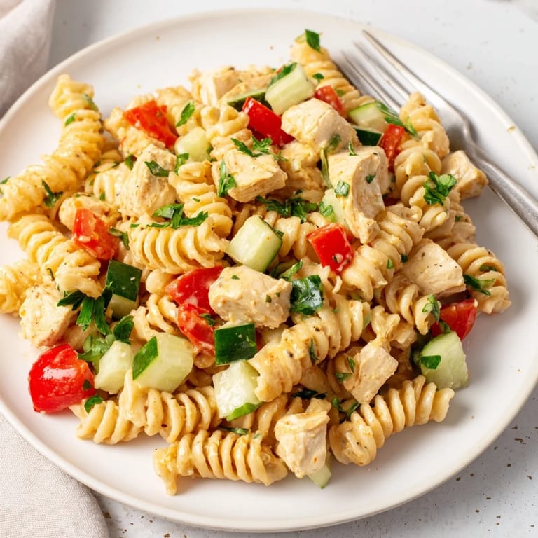 Freshly tossed Honey Mustard Chicken Pasta Salad with spiral pasta, diced chicken, red bell pepper, celery, and parsley garnish, perfect for a light lunch or picnic spread.