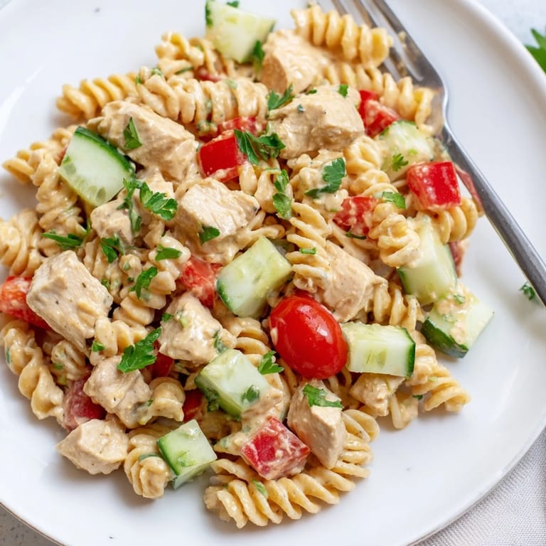 Close-up of a serving of Honey Mustard Chicken Pasta Salad, highlighting glossy dressing-coated fusilli, juicy chicken pieces, and vibrant vegetables for a refreshing, protein-packed meal.