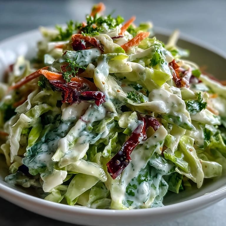 Close-up of Best Cabbage Coleslaw tossed in a tangy dressing, featuring vibrant purple and green cabbage, grated carrots, and a sprinkle of celery seed.
