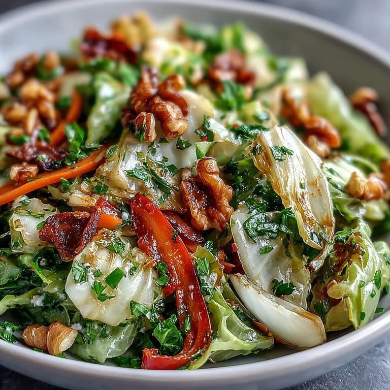 A close-up of a warm salad showcasing toasted walnuts, feta crumbles, and fresh parsley over the bright vegetable medley. Cooked and Loved Cabbage Salad.  
